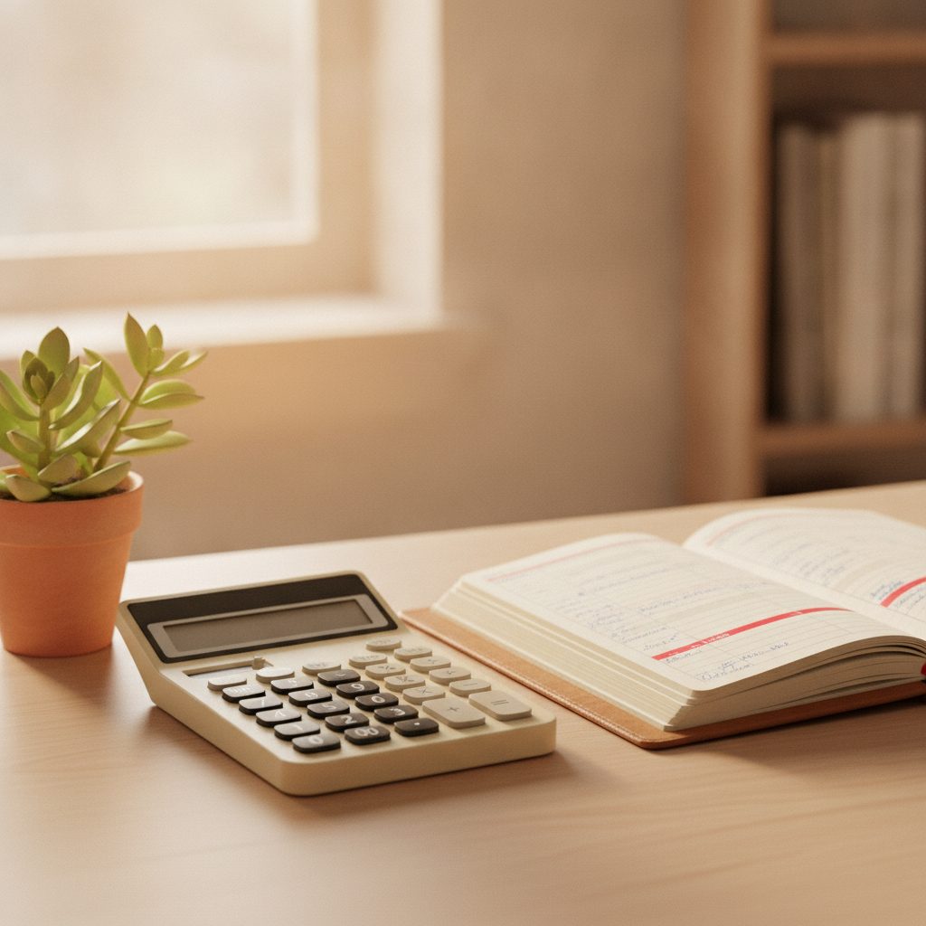 A tidy office desk with a calculator, ledger and small potted plant